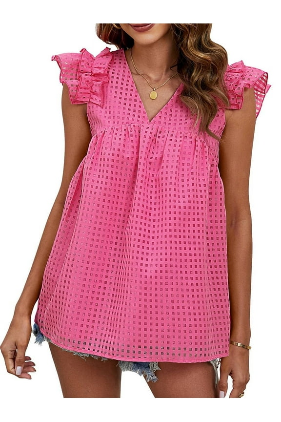Gdvsclr Women'S V-Neck Ruffle Babydoll Blouse - Sheer Peplum Top, Flowy Casual Loose Fit, Feminine Summer Shirt Rose Red S