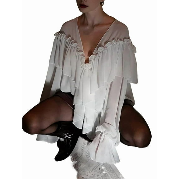 Women'S V-Neck Ruffle Trendy Autumn Fashion Long Sleeve Blouse Dressy Casual Outfits Tops White M