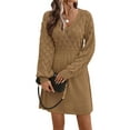 thumbnail image 1 of Women'S V Neck Scale Pattern Knit A Line Long Sleeve Dress Sweater Dress Camel Color S, 1 of 9