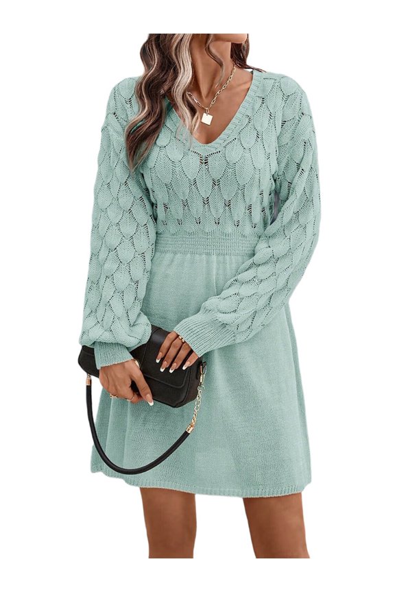 Women'S V Neck Scale Pattern Knit A Line Long Sleeve Dress Sweater Dress Light Blue Green S