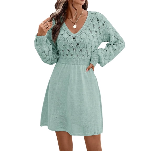 Women'S V Neck Scale Pattern Knit A Line Long Sleeve Dress Sweater Dress Light Blue Green XL