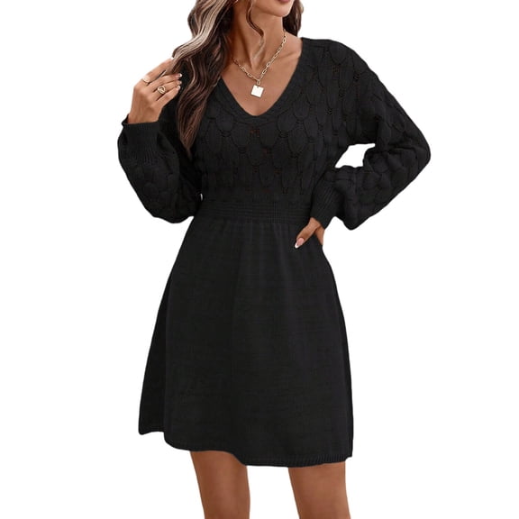 Women'S V Neck Scale Pattern Knit A Line Long Sleeve Dress Sweater Dress