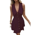 thumbnail image 1 of Women'S V Neck Short Dress Button Front Sleeveless A Line Flare Tank Dresses Wine Red M, 1 of 5
