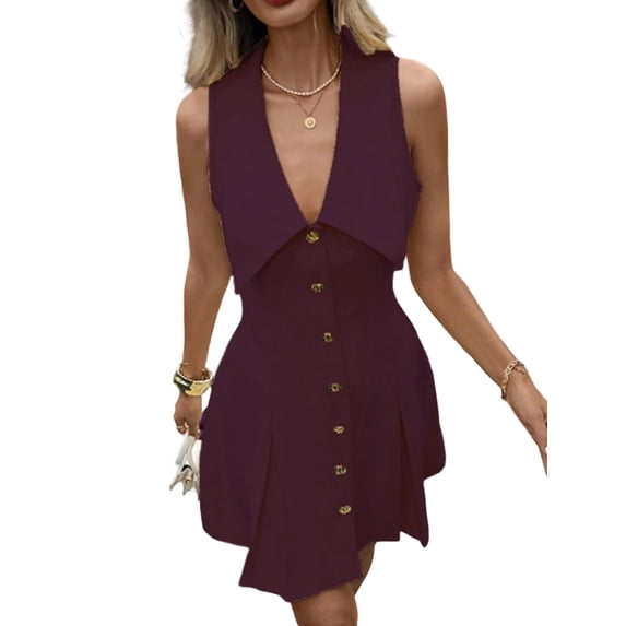 Women'S V Neck Short Dress Button Front Sleeveless A Line Flare Tank Dresses Wine Red M