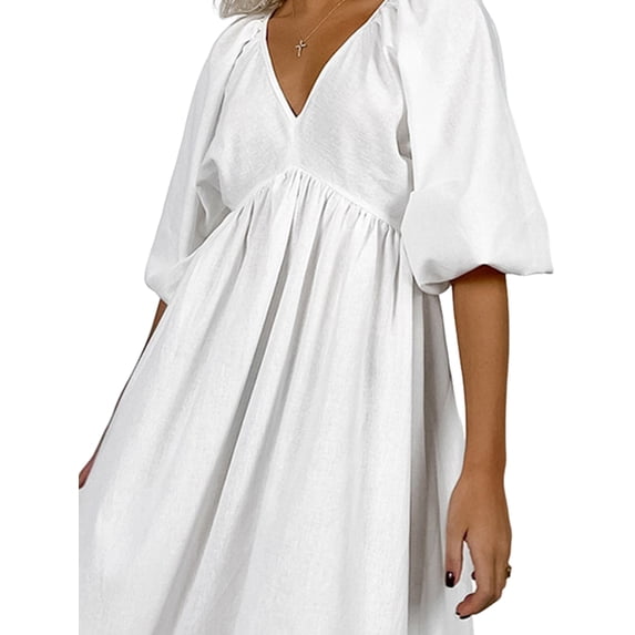 Women'S V Neck Short Puff Sleeve A Line Midi Dress White M