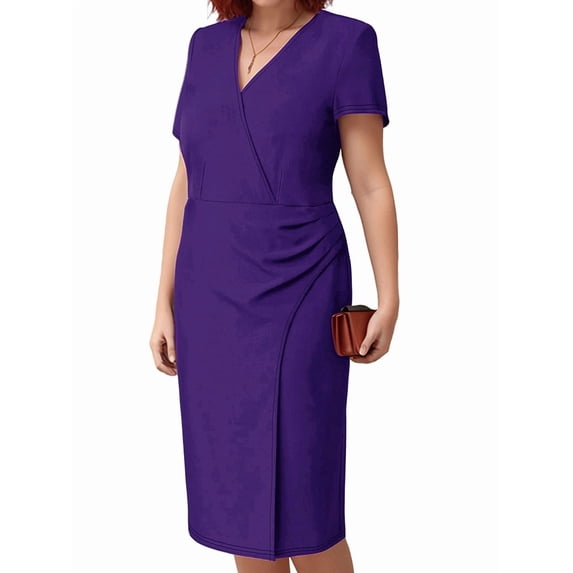 Women'S V Neck Short Sleeve Dress Solid Color Plus Size Casual Summer Maxi Day Gown Office Wear 5XL