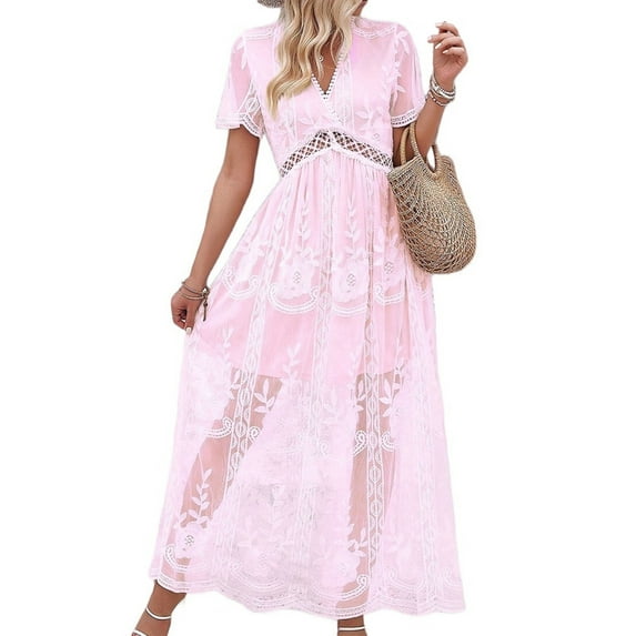 Women'S V Neck Short Sleeve Floral Lace Wedding Dress Bridesmaid Cocktail Party Maxi Dress Pink XL