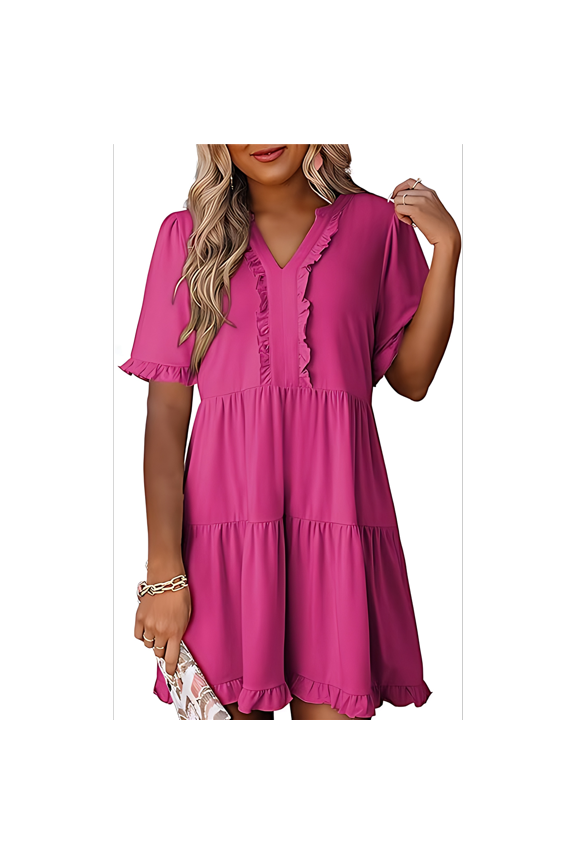Women'S V Neck Short Sleeved Casual A Line Ruffle Dress Rose Red XXL