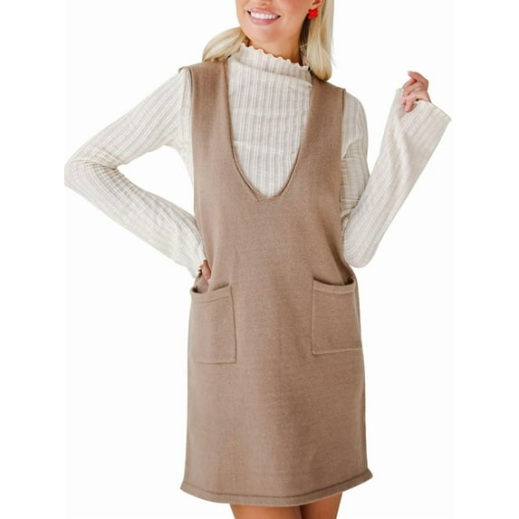 Women'S V Neck Sleeveless Knitted Solid Short Sweater Dress with Pockets Khaki M