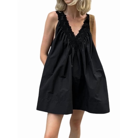 Women'S V Neck Sleeveless Mini Dress Loose Summer Pleated Swing Flowy Sundress Black S