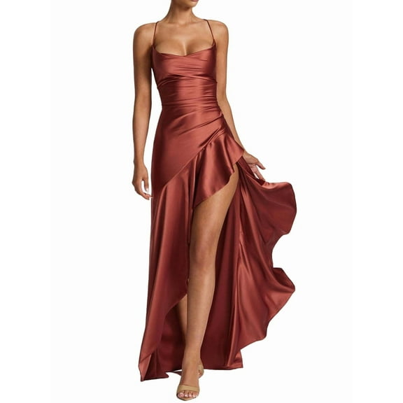 Women'S V-Neck Sleeveless Satin Ruffle Hem Tight Long Casual Open Back High Slit Cocktail Dress Brick Red S