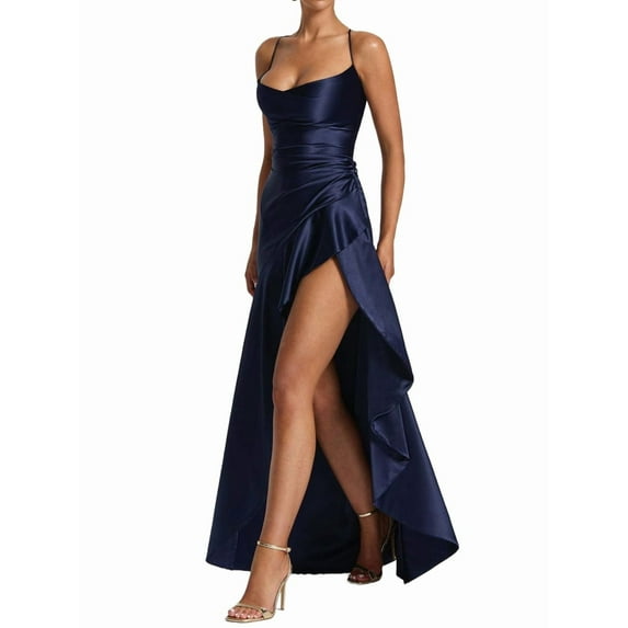Women'S V-Neck Sleeveless Satin Ruffle Hem Tight Long Casual Open Back High Slit Cocktail Dress Dark Blue XL