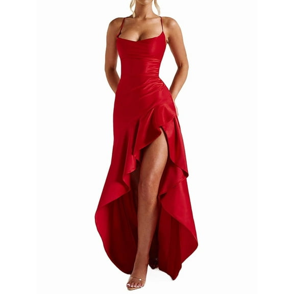 Women'S V-Neck Sleeveless Satin Ruffle Hem Tight Long Casual Open Back High Slit Cocktail Dress Red S