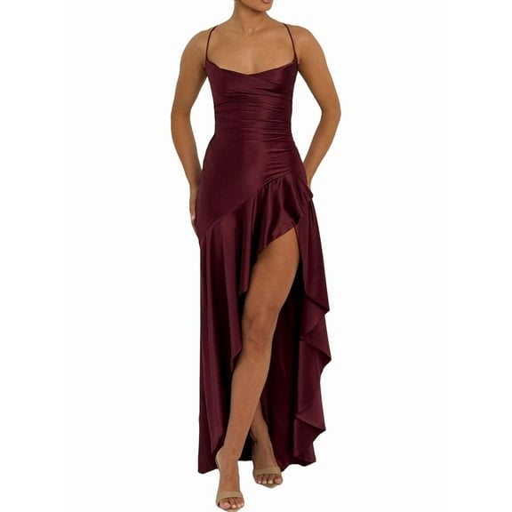 Women'S V-Neck Sleeveless Satin Ruffle Hem Tight Long Casual Open Back High Slit Cocktail Dress Wine Red M