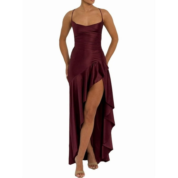Women'S V-Neck Sleeveless Satin Ruffle Hem Tight Long Casual Open Back High Slit Cocktail Dress Wine Red S