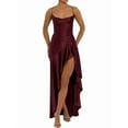 thumbnail image 1 of Women'S V-Neck Sleeveless Satin Ruffle Hem Tight Long Casual Open Back High Slit Cocktail Dress Wine Red XL, 1 of 8