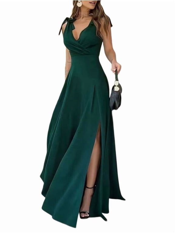 Women'S V Neck Sleeveless Split Formal Dress Cocktail Party Prom Long Dresses 109209 Dark Green L