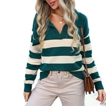 Women'S V Neck Striped Sweater Long Sleeve Oversized Fashion Knitted Pullover Fall Sweaters Tops Dark Green S