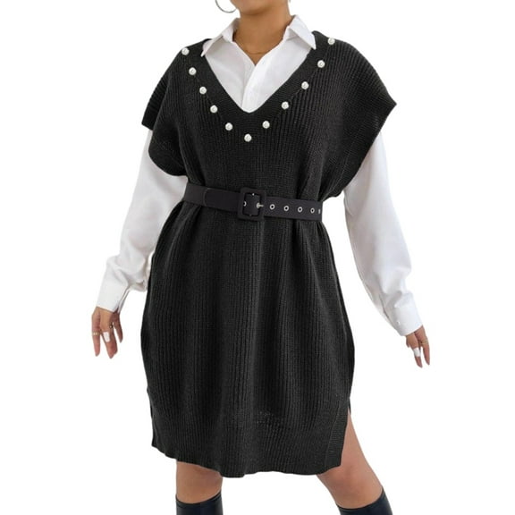 Women'S V-Neck Sweater Beaded Dress Loose Large Vest Dress Knitted Vest Sweater Dress Black One size