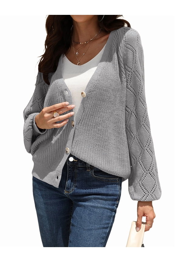 Women'S V Neck Sweater Casual Loose Ribbed Knit Cardigan Sweaters Sleeve Button Down Soft Knitwear Grey XL