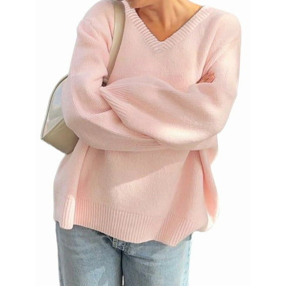 Women'S V Neck Sweaters Black Sweater Tops High Low Hem Fall Basic Knit Jumper Top Casual Sweater Pink L