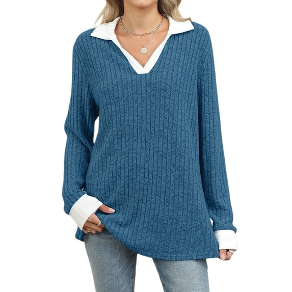 Women'S V Neck Sweaters Pullover Color Block Collar Long Sleeves Loose Fit Casaul Tunic Tops Shirts Blue XL