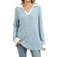 thumbnail image 1 of Women'S V Neck Sweaters Pullover Color Block Collar Long Sleeves Loose Fit Casaul Tunic Tops Shirts Light Blue M, 1 of 8