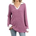 thumbnail image 1 of Women'S V Neck Sweaters Pullover Color Block Collar Long Sleeves Loose Fit Casaul Tunic Tops Shirts  Red M, 1 of 8