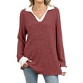 thumbnail image 1 of Women'S V Neck Sweaters Pullover Color Block Collar Long Sleeves Loose Fit Casaul Tunic Tops Shirts Rust Red S, 1 of 8