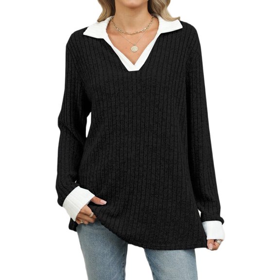 Women'S V Neck Sweaters Pullover Color Block Collar Long Sleeves Loose Fit Casaul Tunic Tops Shirts