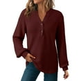 thumbnail image 1 of Women'S V Neck Waffle Knit Henley Tops Casual Long Sleeve Pullover Sweater Blouses Dark Red S, 1 of 7