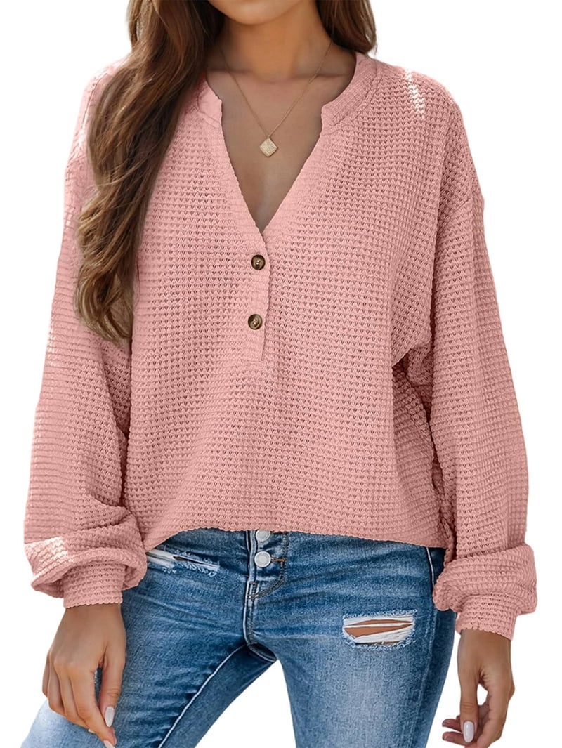 Women's V-Neck Waffle Knit Henley Top - Long Sleeve Casual Pullover Sweater (Red, Small)