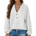 thumbnail image 1 of Women'S V Neck Waffle Knit Henley Tops Casual Long Sleeve Pullover Sweater Blouses White L, 1 of 9