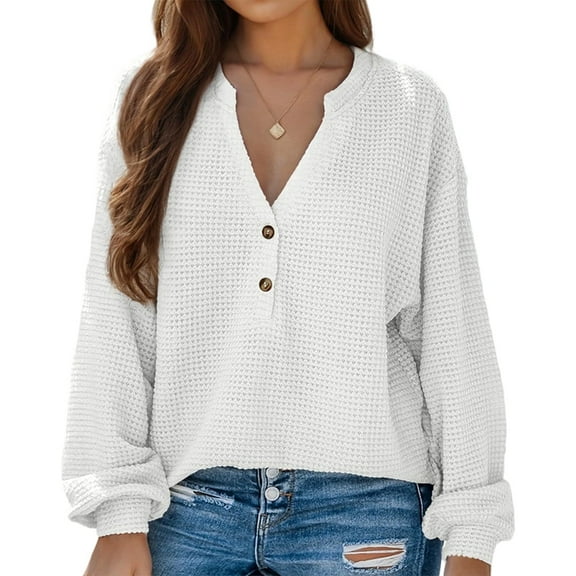 Women'S V Neck Waffle Knit Henley Tops Casual Long Sleeve Pullover Sweater Blouses White XXL