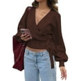 thumbnail image 1 of Women'S V Neck Wrap Sweater Long Lantern Sleeve Cinched Waist Crop Tops Fall Knitwear Brown XL, 1 of 9