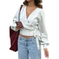 thumbnail image 1 of Women'S V Neck Wrap Sweater Long Lantern Sleeve Cinched Waist Crop Tops Fall Knitwear Gray S, 1 of 9