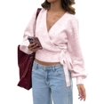 thumbnail image 1 of Women'S V Neck Wrap Sweater Long Lantern Sleeve Cinched Waist Crop Tops Fall Knitwear Pink XL, 1 of 8