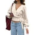 thumbnail image 1 of Women'S V Neck Wrap Sweater Long Lantern Sleeve Cinched Waist Crop Tops Fall Knitwear Wheat Color M, 1 of 9