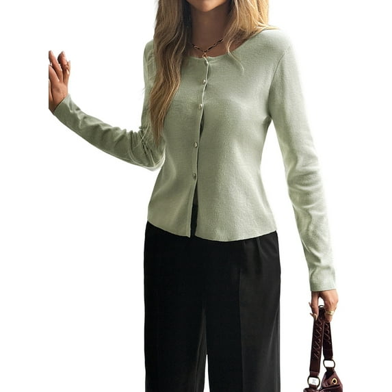 Women'S Vacation Button Cardigan Long Sleeve Knit Top Business Casual Round Neck Slim Fit Jacket Shirt Green L