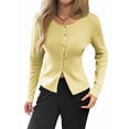 thumbnail image 1 of Women'S Vacation Button Cardigan Long Sleeve Knit Top Business Casual Round Neck Slim Fit Jacket Shirt Light Yellow L, 1 of 8