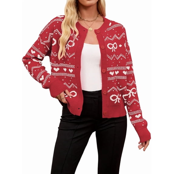 Women'S Valentine'S Day Love Heart Cardigan Cute Soft Open Front Knit Sweater Red L