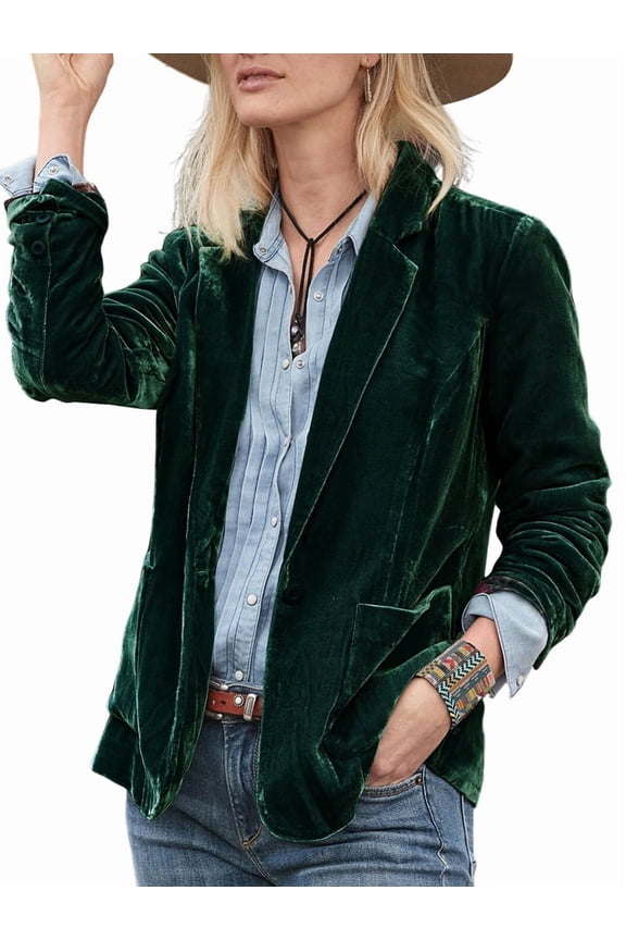 Women'S Velvet Blazer Jacket Casual Button Up Long Sleeve Cardigan Suits Business Coat with Pockets Dark Green S