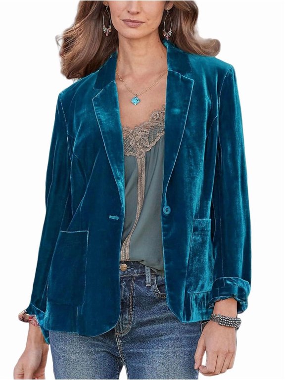 Women'S Velvet Blazer Jacket Casual Button Up Long Sleeve Cardigan Suits Business Coat with Pockets Peacock Green XXL