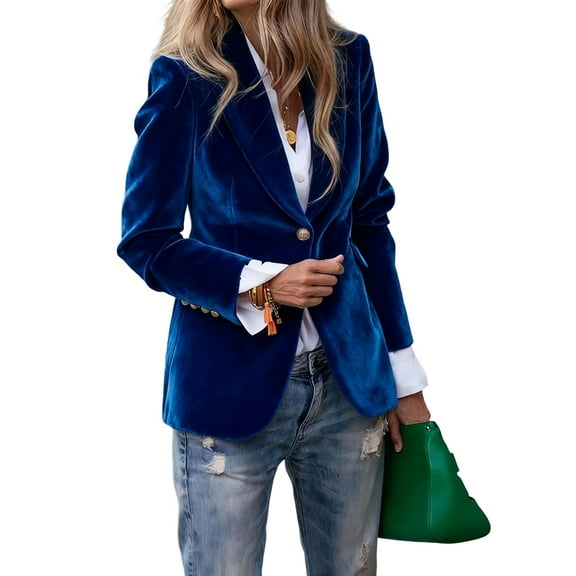 Women'S Velvet Blazer Single Button, Elegant Faux Pocket Office Coat Lapel for Work Formal Dark Blue XXXL