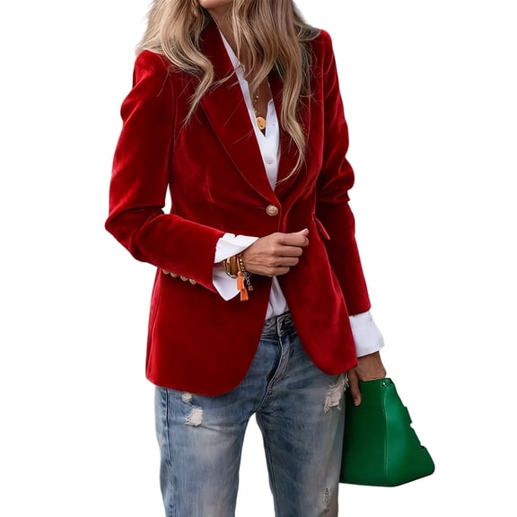 Women'S Velvet Blazer Single Button, Elegant Faux Pocket Office Coat Lapel for Work Formal Red L