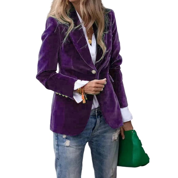 Women'S Velvet Blazer Single Button, Elegant Faux Pocket Office Coat Lapel for Work Formal S