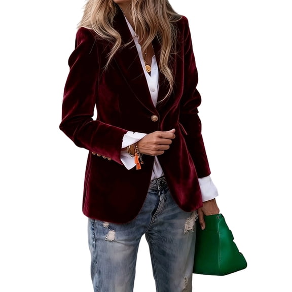 Women'S Velvet Blazer Single Button, Elegant Faux Pocket Office Coat Lapel for Work Formal Wine Red L