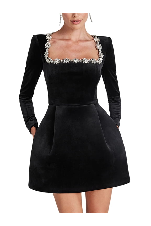 Women'S Velvet Bodycon Midi Dresses Elegant Long Sleeve Square Neck Ruffle Hem Cocktail Party Dress Black S