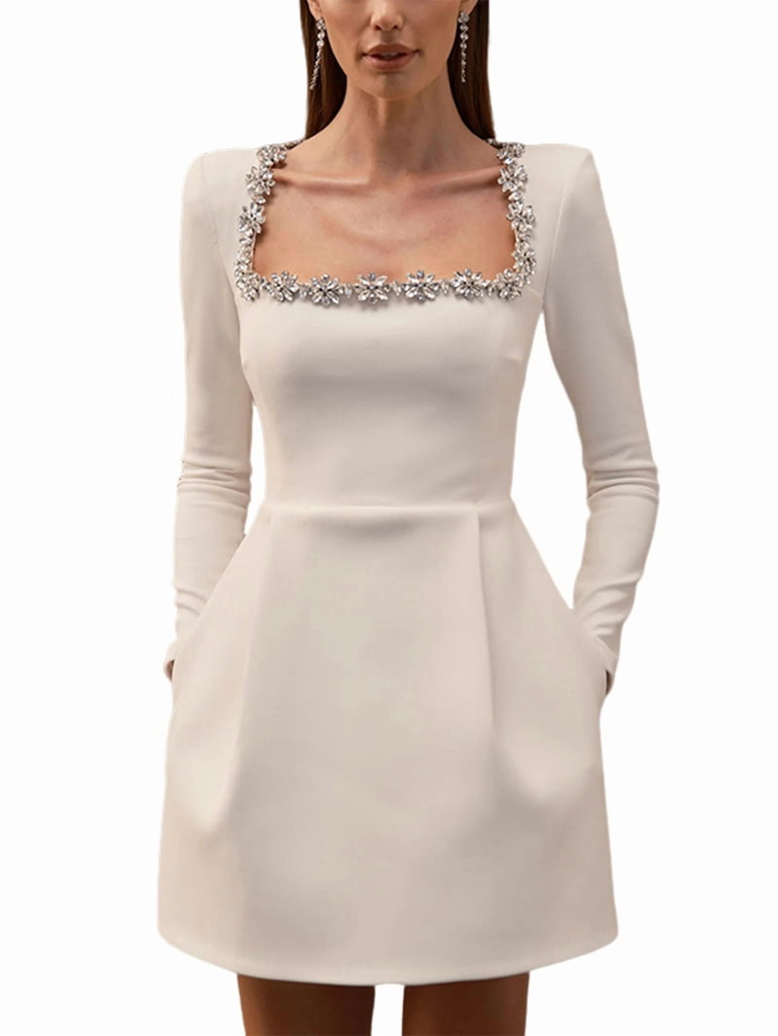 Women'S Velvet Bodycon Midi Dresses Elegant Long Sleeve Square Neck Ruffle Hem Cocktail Party Dress Cream White XL
