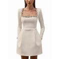 thumbnail image 1 of Women'S Velvet Bodycon Midi Dresses Elegant Long Sleeve Square Neck Ruffle Hem Cocktail Party Dress Cream White XL, 1 of 9